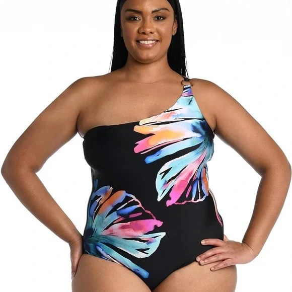 La Blanca Swimsuit Prism Palms Tropical one shoulder one piece Size 14 130 NWT